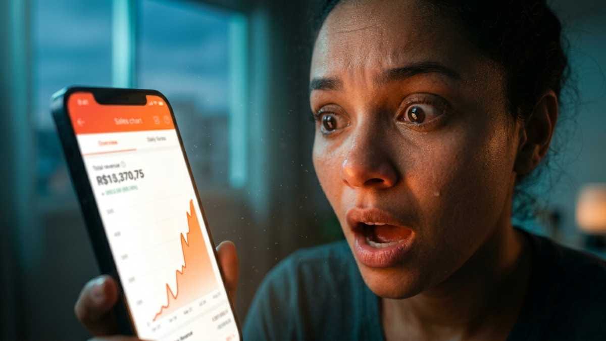 Mulher emocionada e extremamente surpresa ao ver o gráfico de lucros altos na tela do celular trabalhando como afiliado shopee.