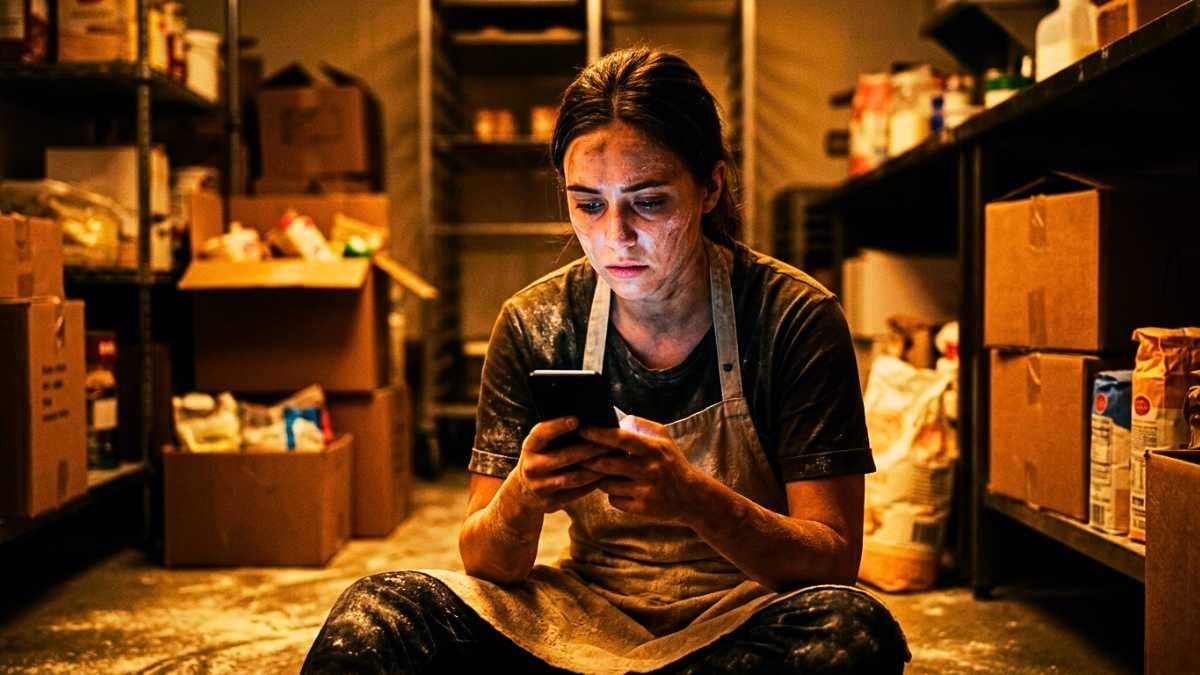 Mulher exausta com avental sujo de farinha sentada no chão do estoque da sua pequena empresa olhando para o celular, representando o esgotamento ao tentar organizar o marketing.
