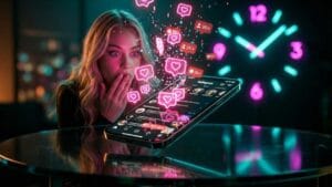 Mulher jovem loira com expressão de surpresa ao ver uma chuva de curtidas neon saindo do seu celular, representando o sucesso ao aplicar o melhor horário para postar no instagram, com um relógio luminoso ao fundo.