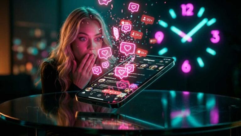 Mulher jovem loira com expressão de surpresa ao ver uma chuva de curtidas neon saindo do seu celular, representando o sucesso ao aplicar o melhor horário para postar no instagram, com um relógio luminoso ao fundo.