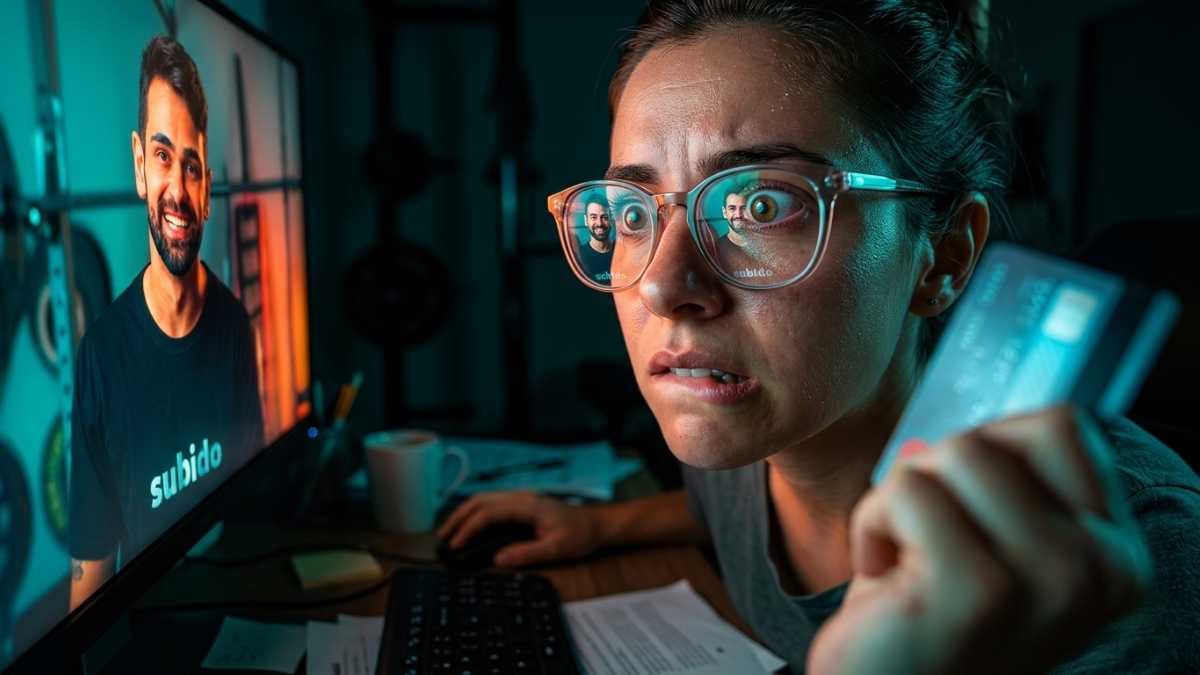 Mulher freelancer ansiosa e com os olhos arregalados segurando um cartão de crédito na frente do computador, decidindo se investe na Comunidade Sobral de Tráfego.