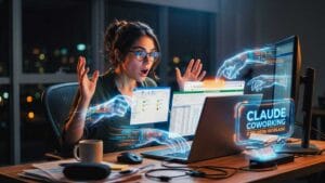 Jovem profissional chocada ao ver mãos virtuais brilhantes controlando seu computador sozinhas, demonstrando o poder de automação do claude coworking no escritório.