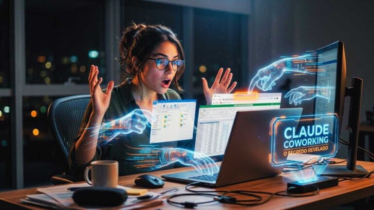 Home 1 Jovem profissional chocada ao ver mãos virtuais brilhantes controlando seu computador sozinhas, demonstrando o poder de automação do claude coworking no escritório.