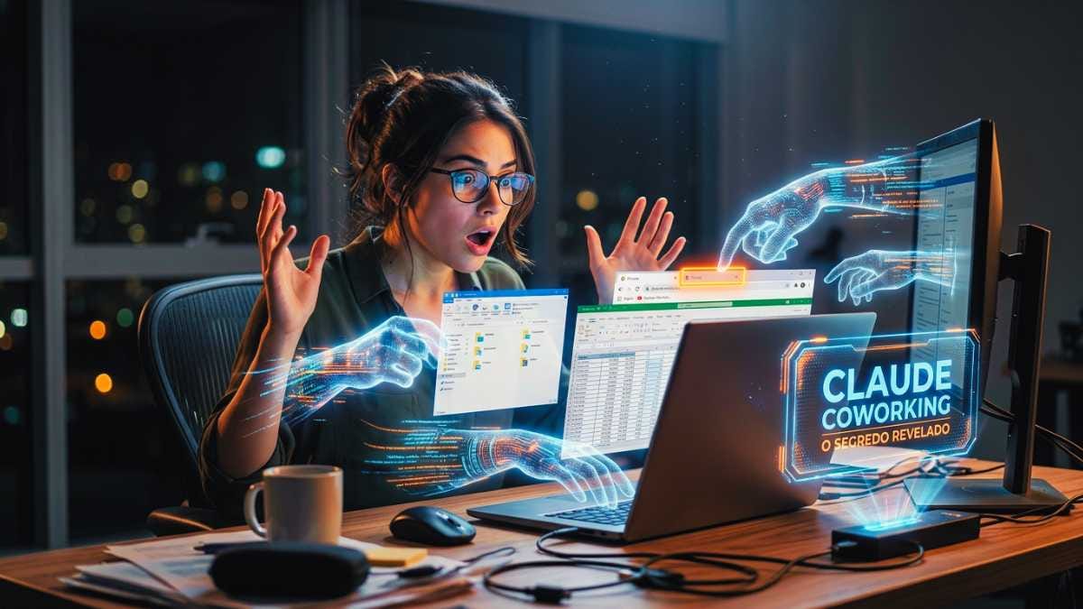 Jovem profissional chocada ao ver mãos virtuais brilhantes controlando seu computador sozinhas, demonstrando o poder de automação do claude coworking no escritório.