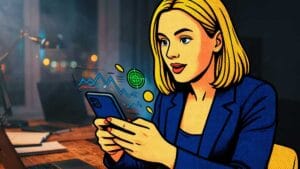 Jovem empreendedora loira olhando impressionada para a tela do celular, de onde saem gráficos holográficos de crescimento e moedas douradas brilhantes, representando o sucesso e o controle das vendas através do tráfego pago.