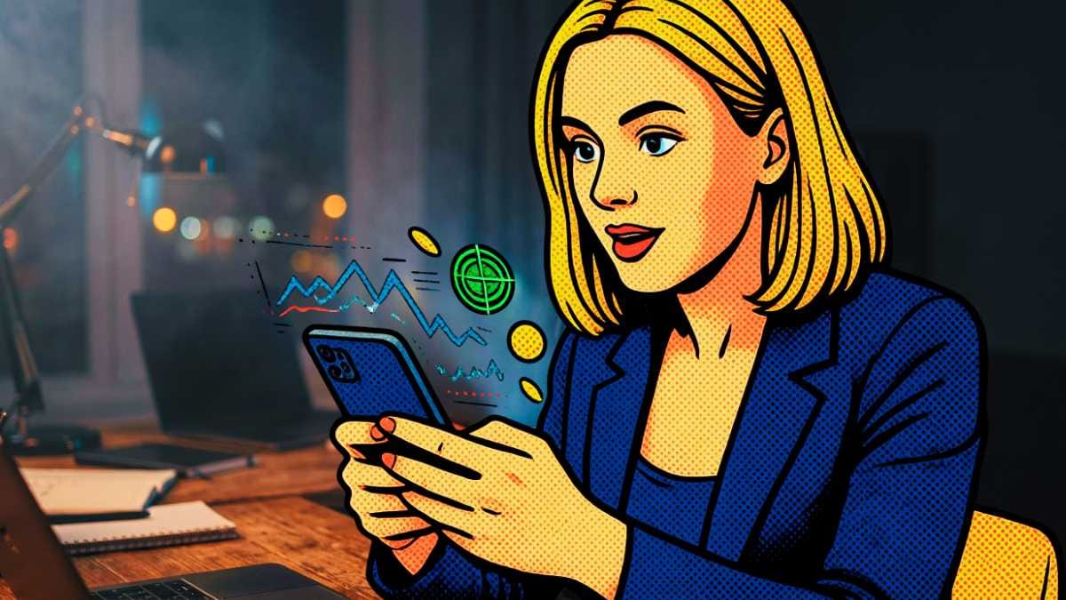 Jovem empreendedora loira olhando impressionada para a tela do celular, de onde saem gráficos holográficos de crescimento e moedas douradas brilhantes, representando o sucesso e o controle das vendas através do tráfego pago.