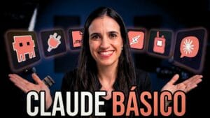 Thumb do artigo sobre o básico do Claude, apresentando uma mulher sorrindo com as mãos abertas em um estúdio de gravação, com ícones flutuantes rosa e laranja representando recursos de automação e o texto grande "CLAUDE BÁSICO" na parte inferior.