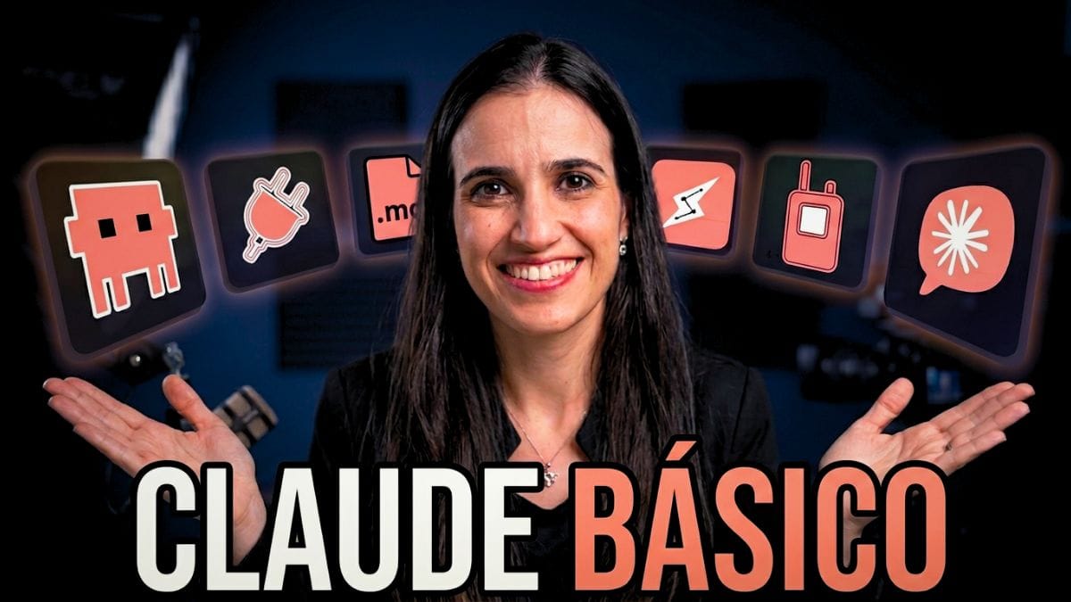 Thumb do artigo sobre o básico do Claude, apresentando uma mulher sorrindo com as mãos abertas em um estúdio de gravação, com ícones flutuantes rosa e laranja representando recursos de automação e o texto grande "CLAUDE BÁSICO" na parte inferior.