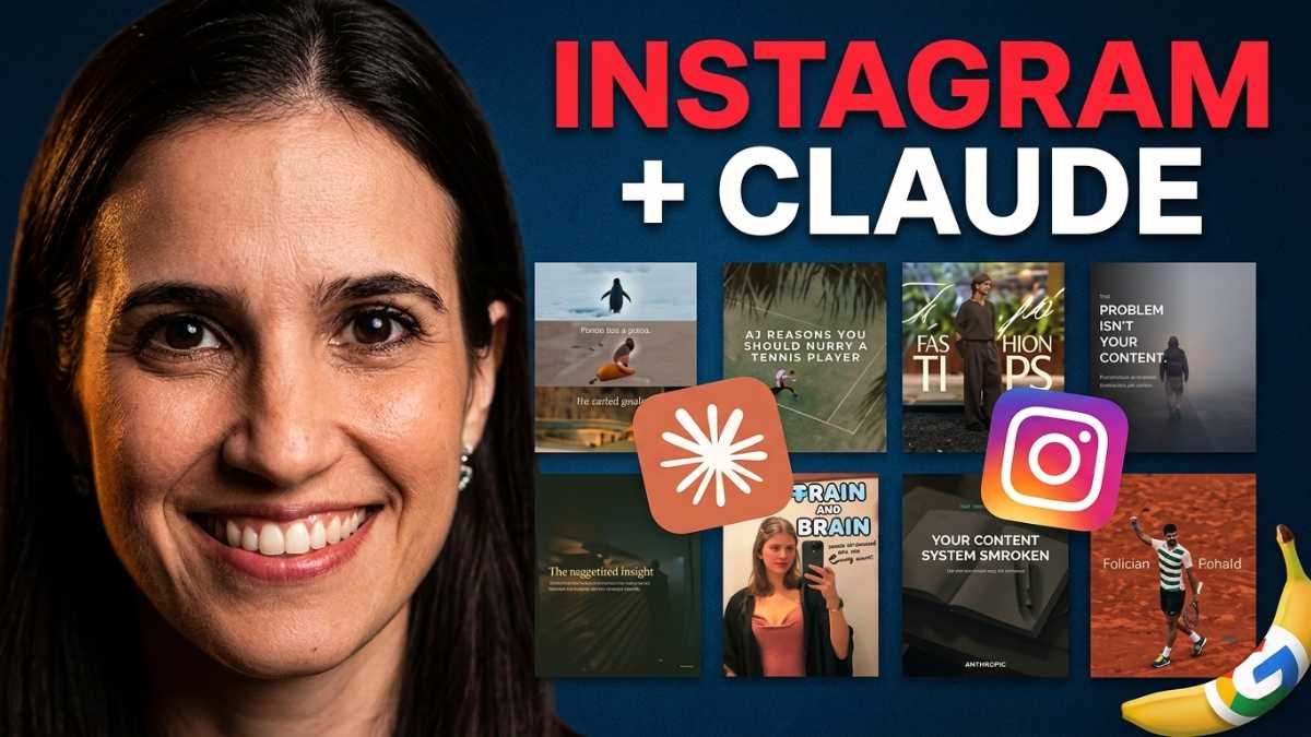 Mulher sorrindo em close-up dramático ao lado de uma grade de carrosséis instagram de alta conversão criados com a inteligência artificial Claude.