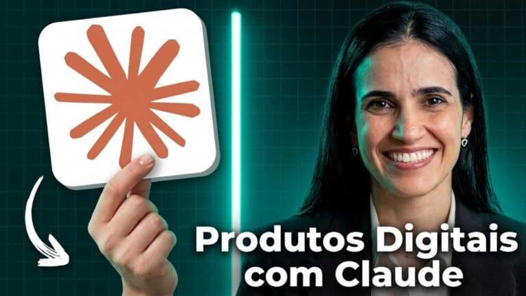 Mulher sorridente segurando um ícone criativo ao lado do texto Produtos Digitais com Claude, ilustrando a criação rápida de negócios com inteligência artificial.