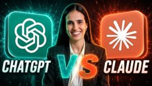 Mulher de terno sorrindo no centro da imagem que ilustra o embate claude vs chatgpt, com o logotipo verde do ChatGPT à esquerda e o logotipo laranja do Claude à direita, sobre um fundo escuro com partículas de energia.