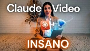 Mulher com expressão surpresa segurando tablet, com neon 'Claude Video' (texto corrigido visualmente) e ícones de edição de vídeo flutuando, representando o guia definitivo de editores de video online com o sistema Claude.