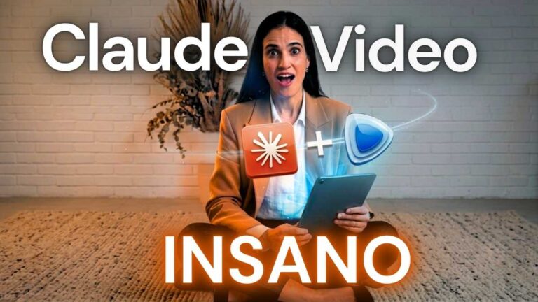 Home 1 Mulher com expressão surpresa segurando tablet, com neon 'Claude Video' (texto corrigido visualmente) e ícones de edição de vídeo flutuando, representando o guia definitivo de editores de video online com o sistema Claude.