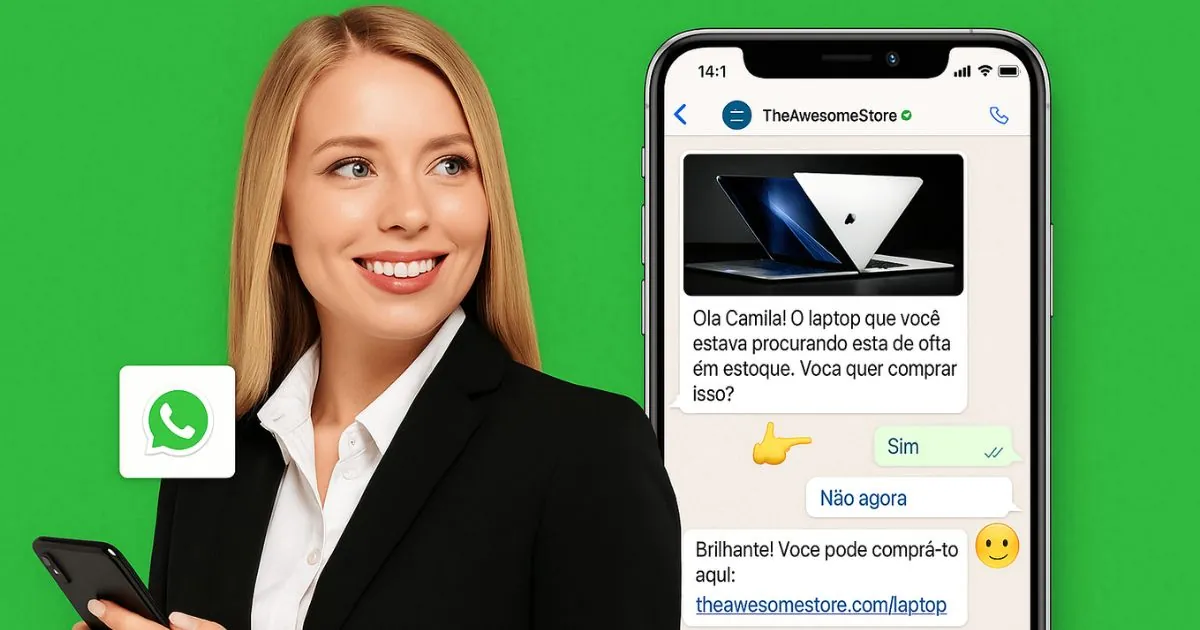 Profissional sorridente exibe em seu smartphone uma conversa de sucesso com um chatbot WhatsApp, mostrando uma oferta de produto e o ícone do aplicativo, simbolizando a automação de vendas e atendimento.