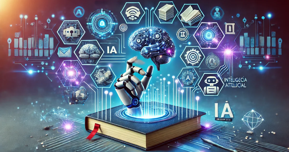 Mão robótica emergindo de um livro, conectando-se a um cérebro digital e ícones de IA. Imagem conceitual sobre como a inteligência artificial pode ajudar a criar ebook com ia, automatizando a produção de conteúdo e conhecimento.