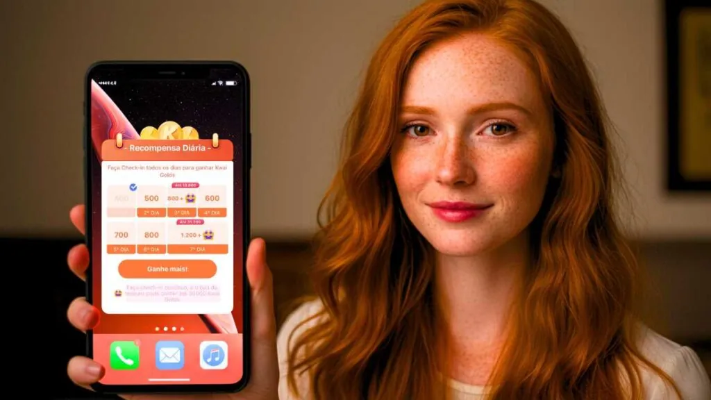Mulher Ruiva mostrando a tela de um Smartphone com a tela do app Kwai com elementos de dinheiro simbolizando como ganhar dinheiro no Kwai de forma fácil e rápida.
