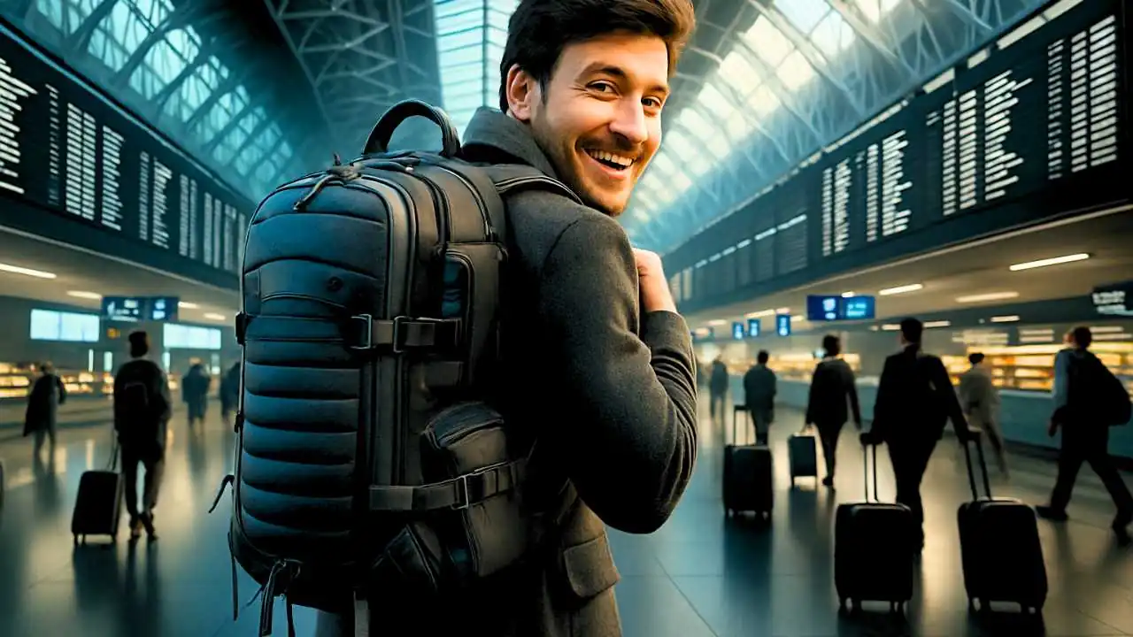 Viajante com as Melhores Mochilas para Notebook e Viagem em aeroporto moderno.