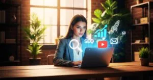 Uma mulher focada analisa os melhores cursos de marketing digital iniciantes em seu laptop, de onde saem hologramas de ícones de SEO, tráfego e redes sociais em um escritório moderno.