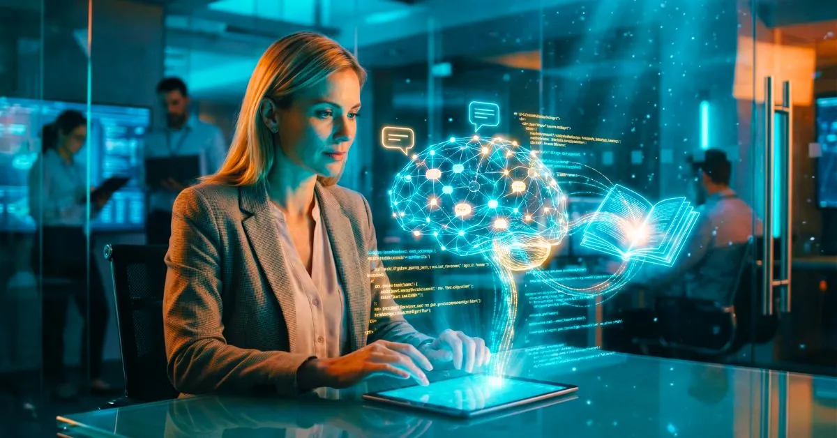 Profissional estudando em um ambiente futurista com hologramas de IA, representando os Melhores cursos de ChatGPT 2026.