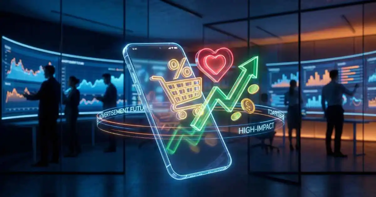 Smartphone exibindo anúncio de propaganda holográfico com gráficos de crescimento em ambiente de marketing futurista.