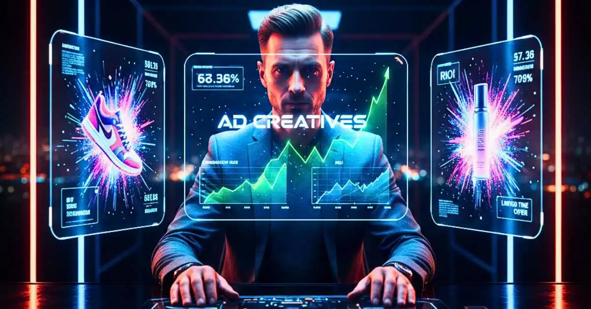 Especialista em marketing analisando métricas de sucesso de criativos para anúncios em telas digitais.