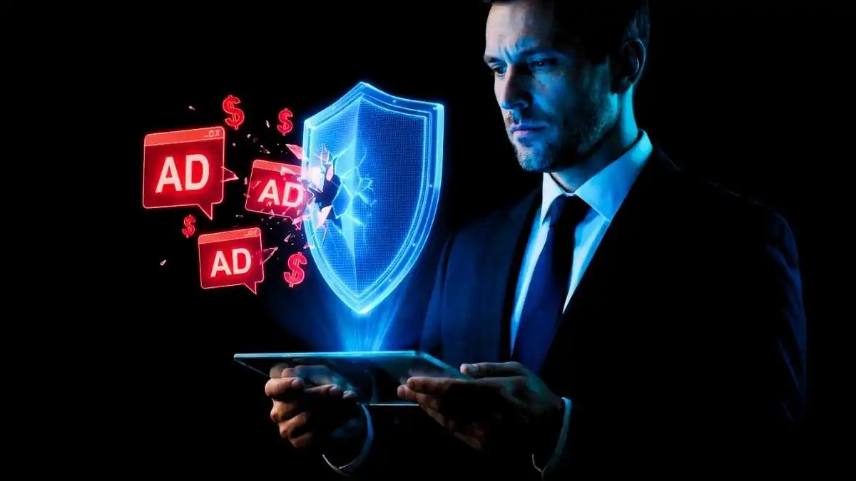 Homem de terno segura um tablet com um escudo holográfico azul bloqueando ícones vermelhos de 'AD' representando anuncios e cifrões.