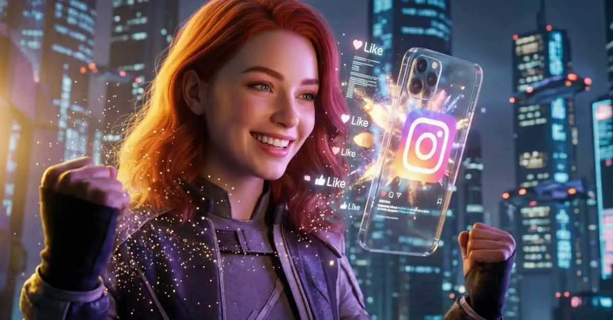 Smartphone futurista holográfico exibindo crescimento no Instagram, representando como ficar famoso no Instagram em 2026.