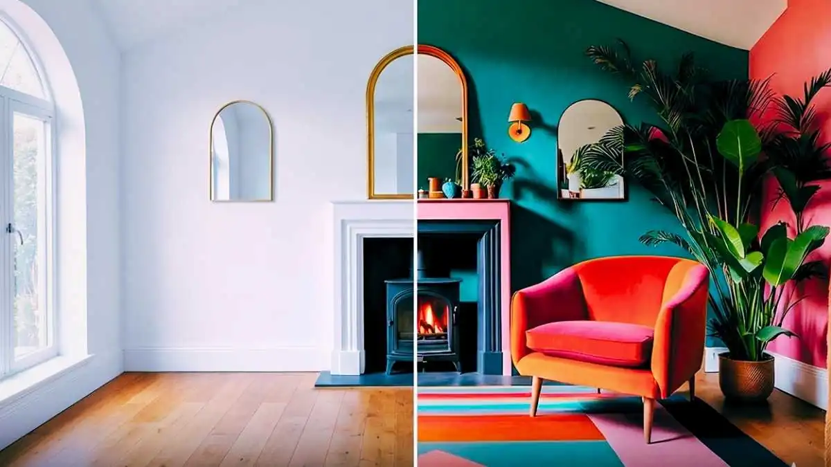 Comparativo lado a lado de um ambiente antes e depois da intervenção de design de interiores. À esquerda, a sala está vazia com paredes brancas; à direita, o mesmo espaço apresenta um design de interiores vibrante com poltrona laranja e rosa, tapete geométrico e plantas.