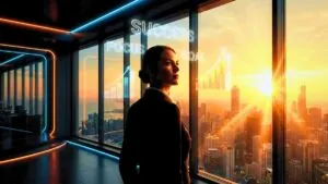 Profissional de vendas de alta performance observando o nascer do sol em escritório futurista de 2026, com gráficos de lucro ascendentes e palavras e frases motivacionais venda flutuando, ilustrando o sucesso comercial.