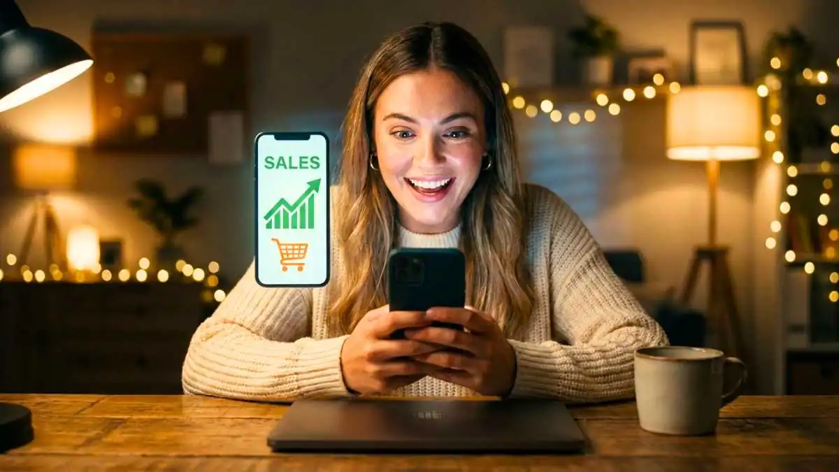 Uma mulher jovem e sorridente, em um ambiente noturno de home office, olha para o celular que projeta um gráfico de vendas crescente com a palavra "SALES" e um carrinho de compras, ilustrando o sucesso com trafego pago shopee.
