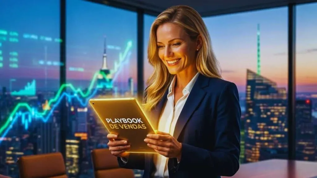 Mulher executiva radiante e sorridente segurando um tablet dourado brilhante com o título Playbook de vendas. Ela está em uma sala de reuniões de luxo com vista noturna para uma grande metrópole de negócios, com gráficos holográficos de lucro em ascensão ao fundo.